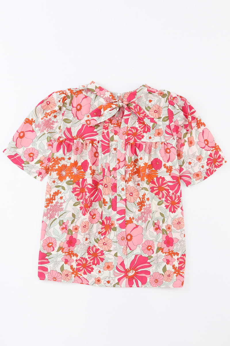 Purple Floral Print Crew Neck Short Sleeve Blouse