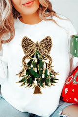 Beige Glittering Leopard Bow Christmas Tree Graphic Pullover Sweatshirt