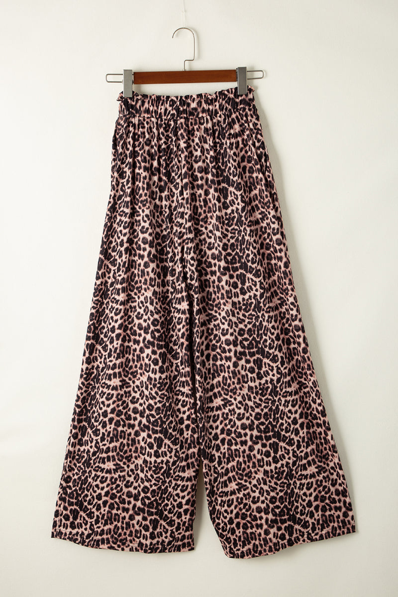 Beige Boho Leopard Print Wide Leg Pants