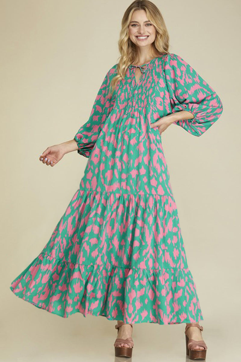 Green Abstract Print Puff Sleeve Smocked V Neck Maxi Dress