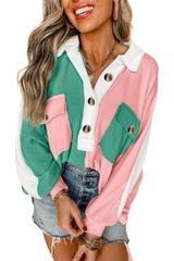 Pink Colorblock Patchwork Ribbed Oversized Henley Sweatshirt