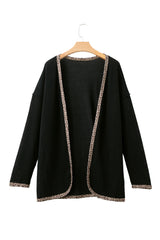 Black Waffle Knit Leopard Contrast Open Front Cardigan