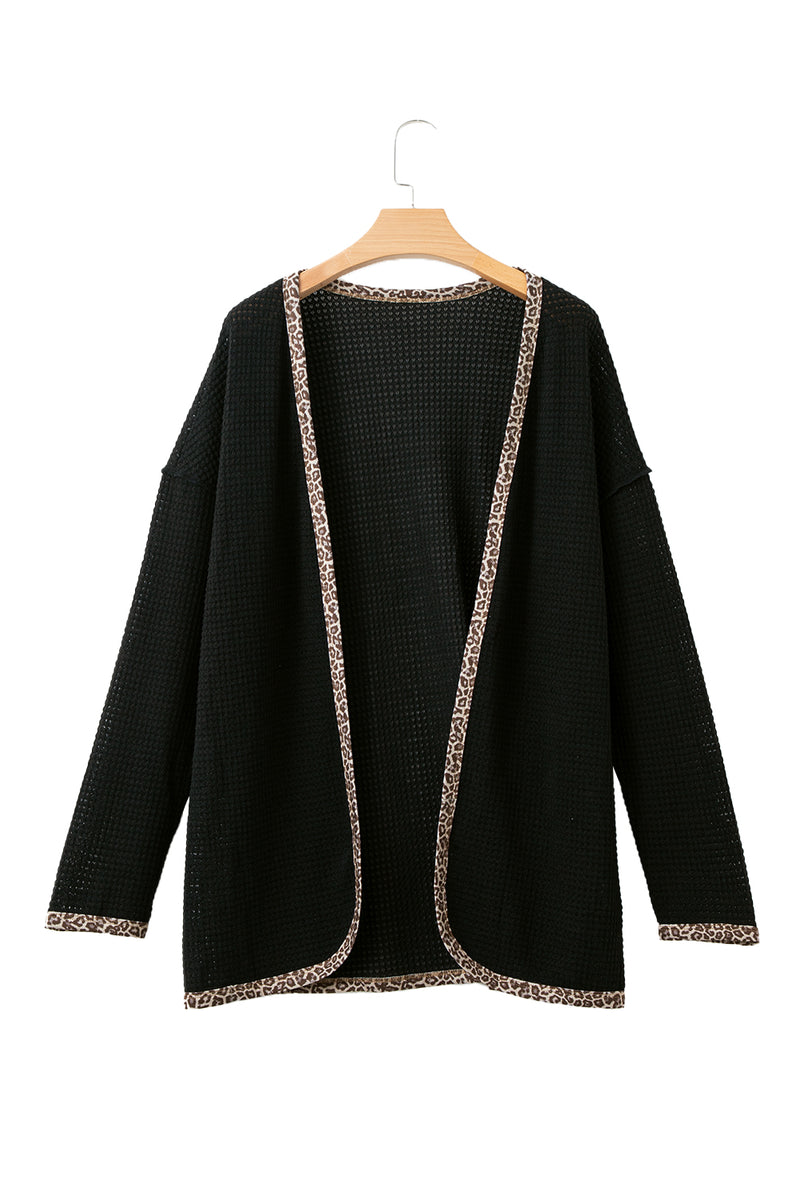 Black Waffle Knit Leopard Contrast Open Front Cardigan