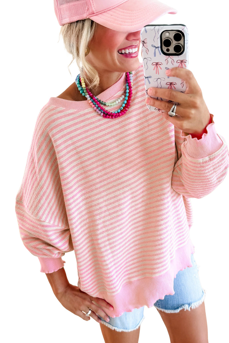 Pink Stripe Drop Shoulder Long Sleeve Top