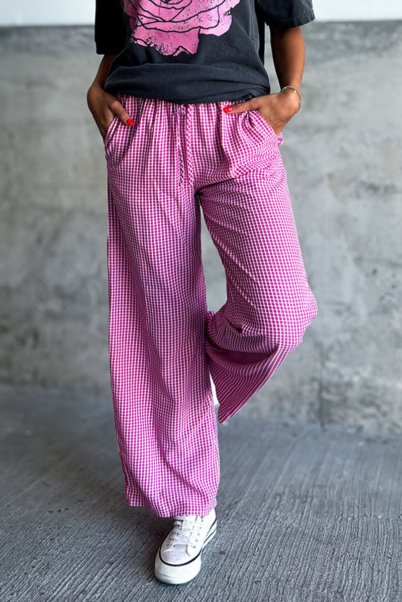 Pink Plaid Print Drawstring High Waist Wide Leg Casual Pocket Pants