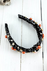 Black Pearled Rhinestone Knotted Spiderweb Halloween Headband