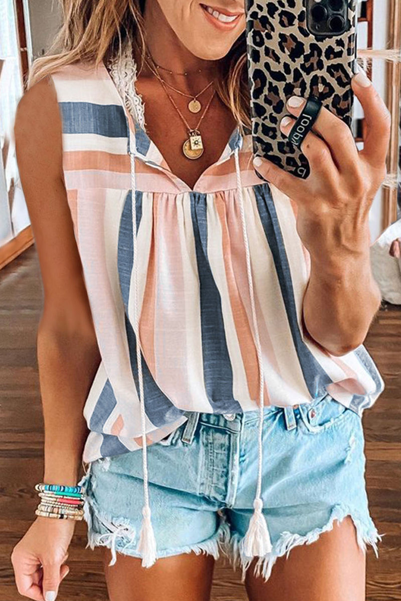 Multicolor Striped Print Split V Neck Sleeveless Shirt