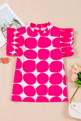 Rose Polka Dot Pattern Frill Neck Flutter Sleeve Top