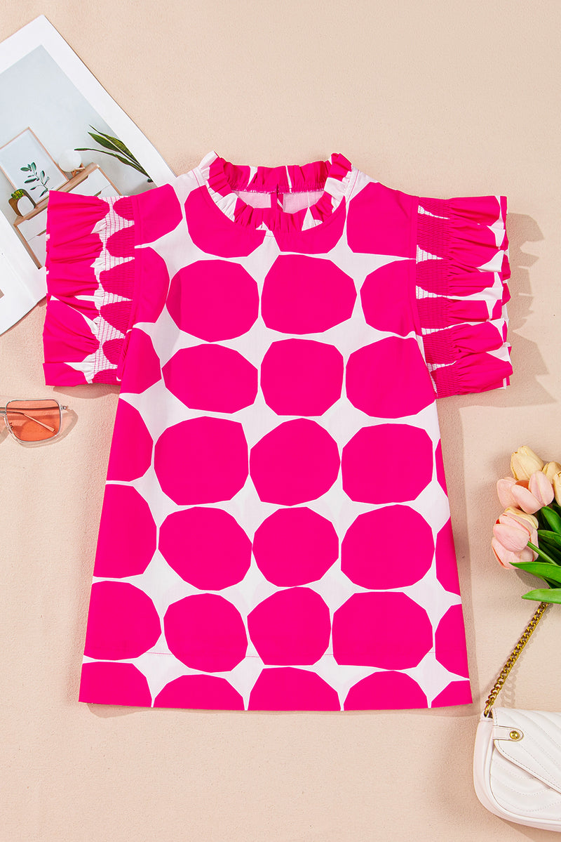 Rose Polka Dot Pattern Frill Neck Flutter Sleeve Top