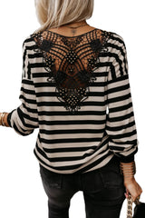 Black Stripe Crochet Hollow-out Back Buttoned Decor V Neck Top