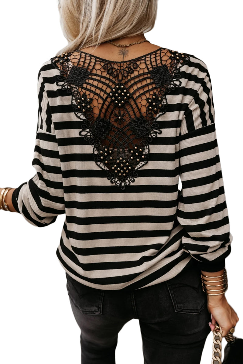 Black Stripe Crochet Hollow-out Back Buttoned Decor V Neck Top