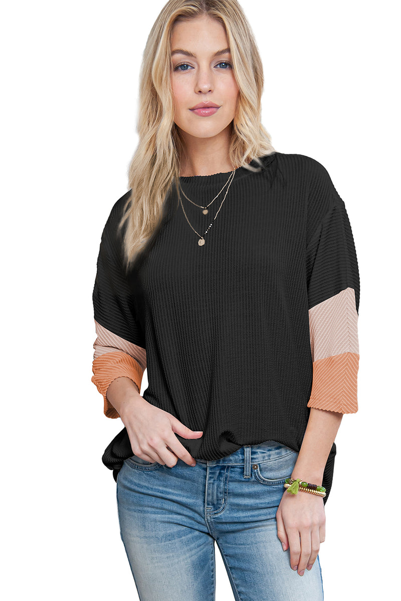 White Ribbed Colorblock Drop Sleeve Top