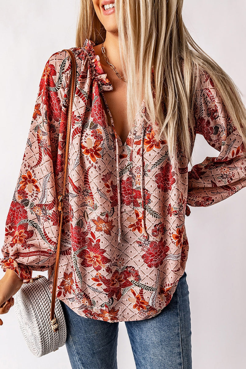 Pink Floral Print Boho Split V Neck Peasant Blouse