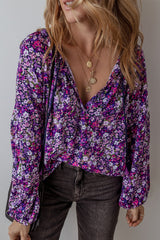 Purple Boho Ditsy Floral Split V Neck Bubble Sleeve Blouse