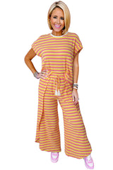 Yellow Stripe Rainbow Tee and Tassel Drawstring Wide Leg Pants Set