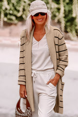 Black Stripe Side Pockets Open Front Cardigan