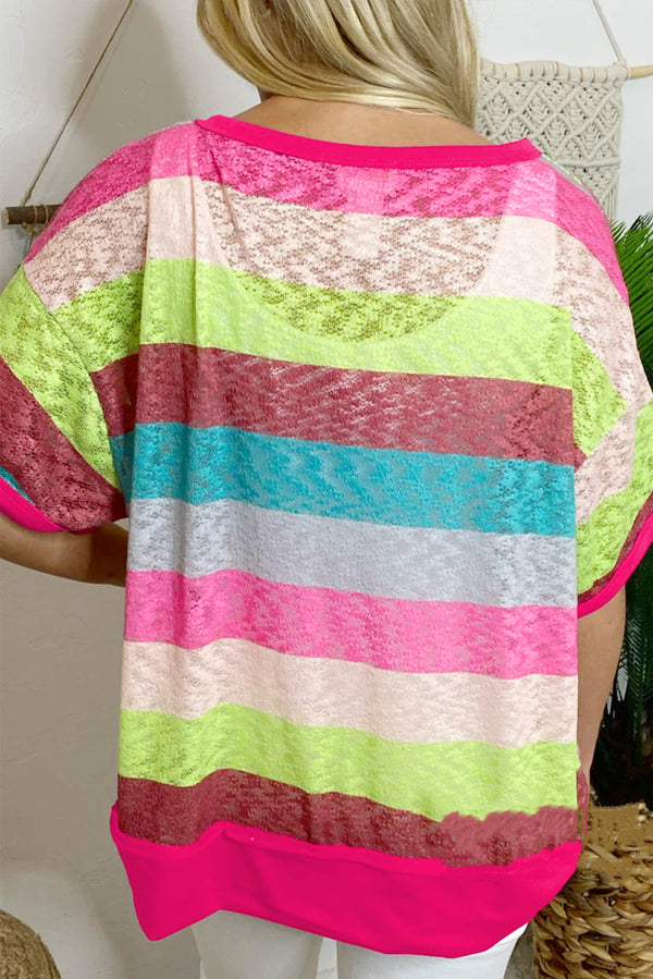 Rose Stripe Colorblock Plus Size Knit Henley Top