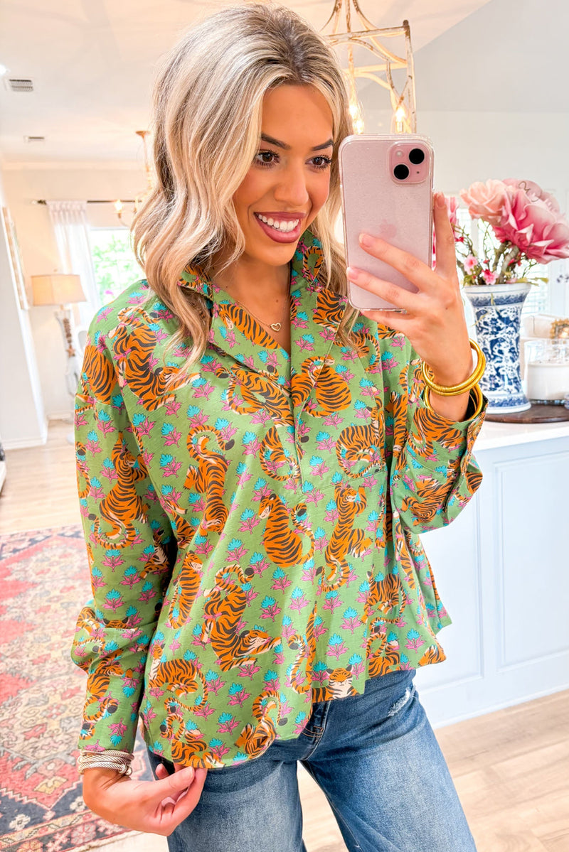 Green Tiger Floral Print Collared V Neck Shirt