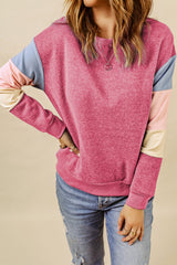 Rosy Color Block Casual Drop Sleeve Sweatshirt