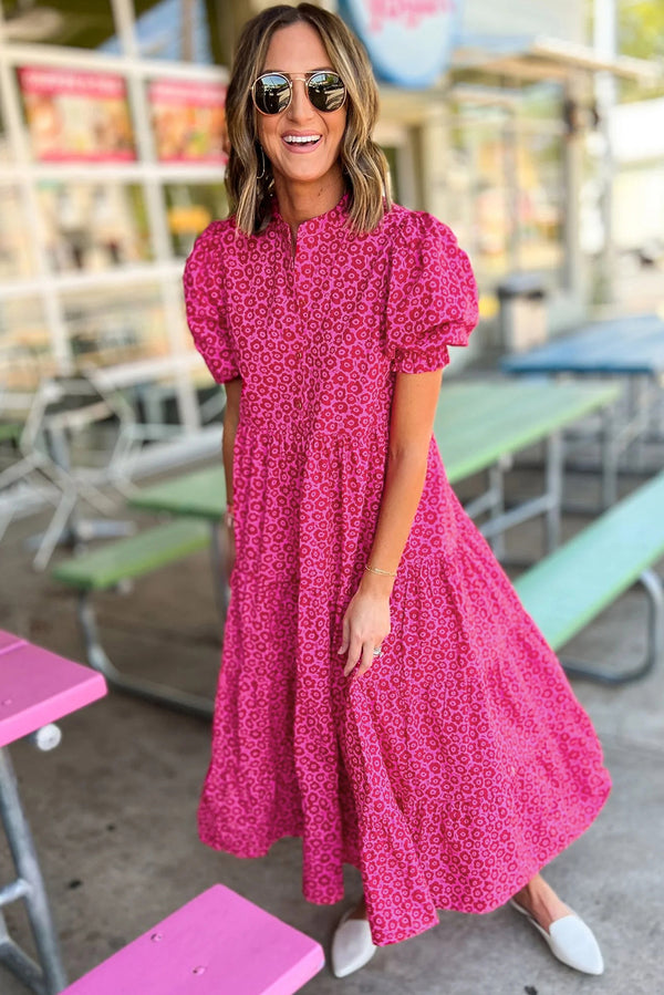 Wholesale Rose Red Mock Neck Puff Sleeve Floral Tiered Maxi Dress
