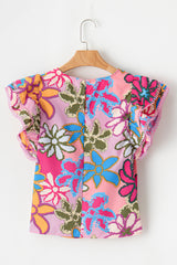 Multicolor Floral Print Boho Top Tiered Ruffle Sleeve Blouse