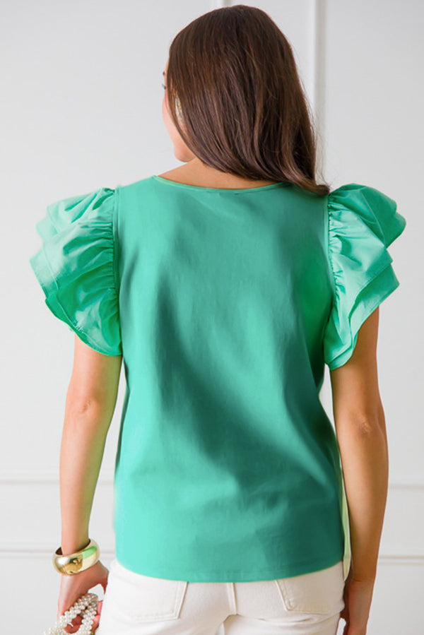 Mint Green Ruffle Flutter Sleeve Square Neck Blouse