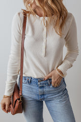 White Solid Color Waffle Long Sleeve Henley Top