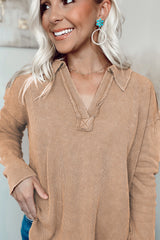 Brown V Neck Collared  Retro Waffle Long Sleeve Top