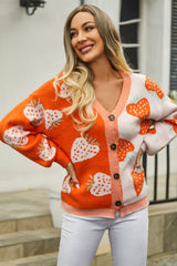 Orange Strawberry Print V-Neck Colorblock Cardigan