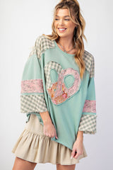 Aqua Plaid Floral Patchwork Heart Long Sleeve Top