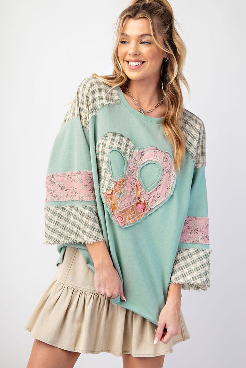 Aqua Plaid Floral Patchwork Heart Long Sleeve Top