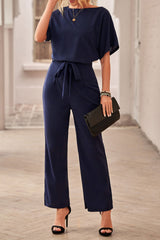 Dark Blue Solid Color Casual Belted Wide Leg Jumpsuit