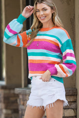 Multicolor Striped Knit Drop Shoulder Lantern Sleeve Sweater