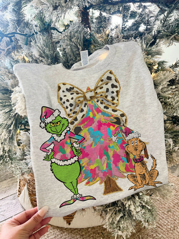 Watercolor Grinch Christmas tree ash tee