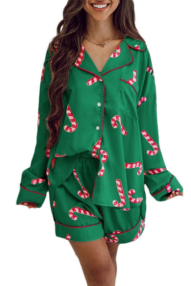 Green Candy Cane Print Christmas Pajama Set