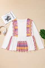 White Geometric Patchwork Long Sleeve Ruffle Babydoll Top