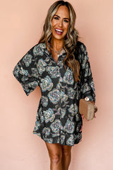 Black Floral Print Lapel Collar Loose Shirt Mini Dress