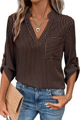 Brown Stripe V Neck Pocket Roll Up Sleeve Shirt