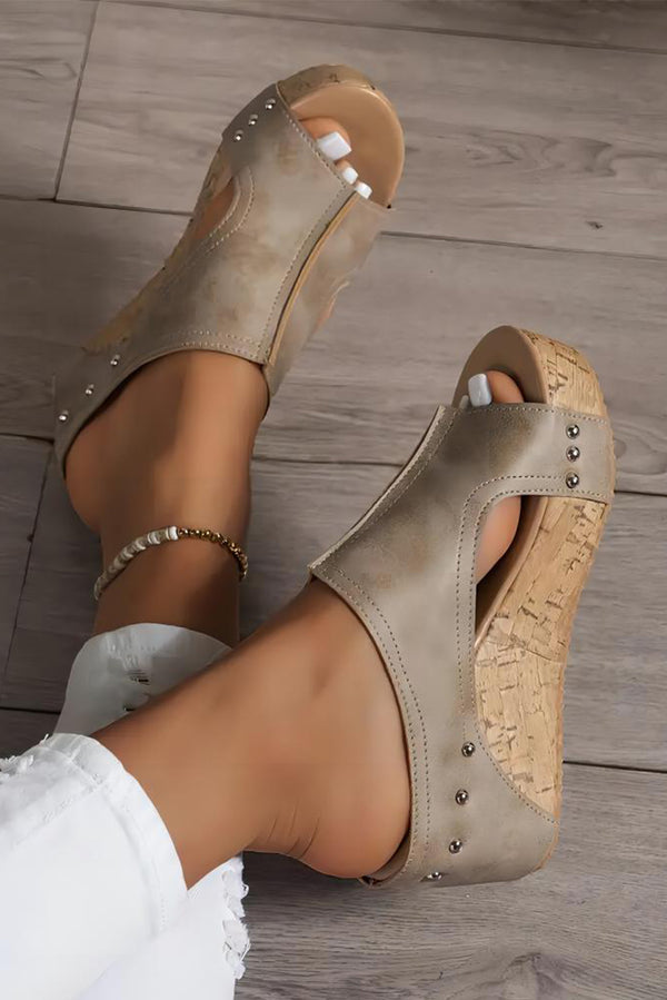 Gray Hollow Out Studded PU Leather Wedge Slides Shoes