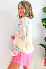 Apricot Ribbed Floral Patchwork Balloon Sleeve Top