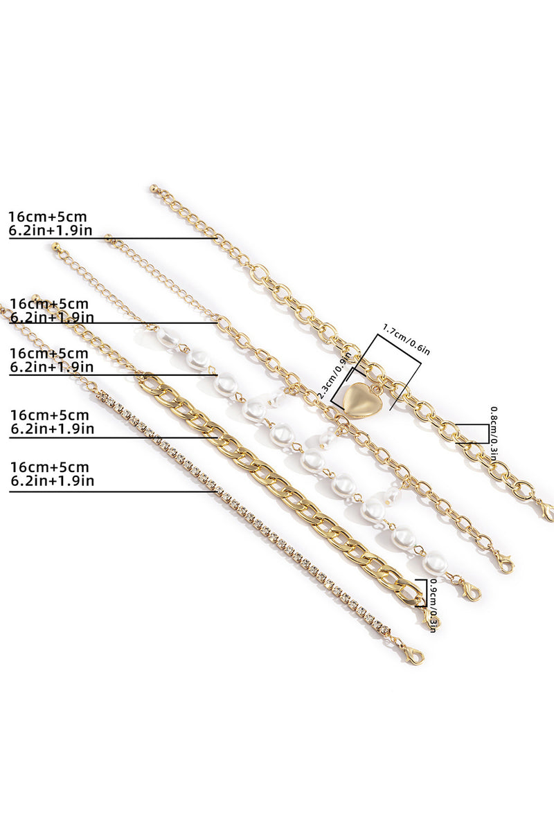 Gold 5Pcs Pearl Heart Diamond Bracelet Set