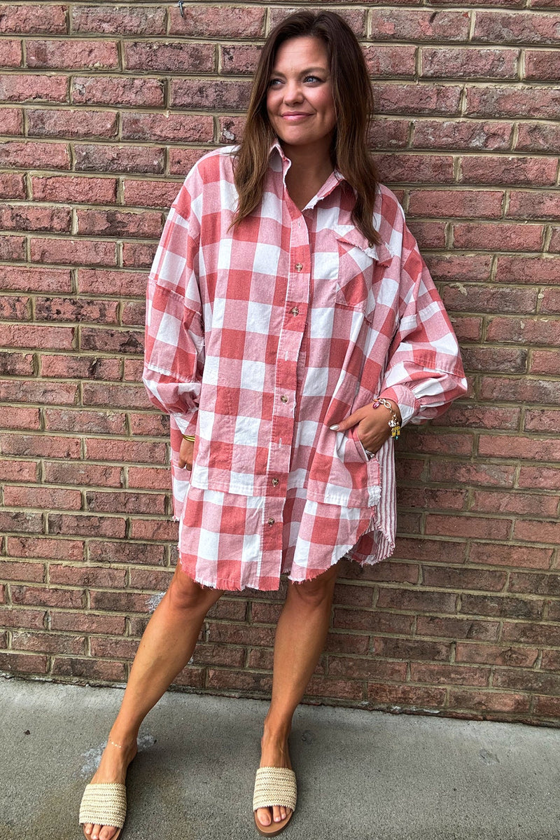 Pink Plaid Oversized Raw Hem Long Sleeve Dress