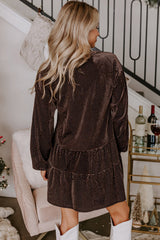 Dark Brown Textured Velvet V Neck Button Mini Dress