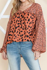 Brown Leopard V Neck Lantern Sleeve Tunic Blouse