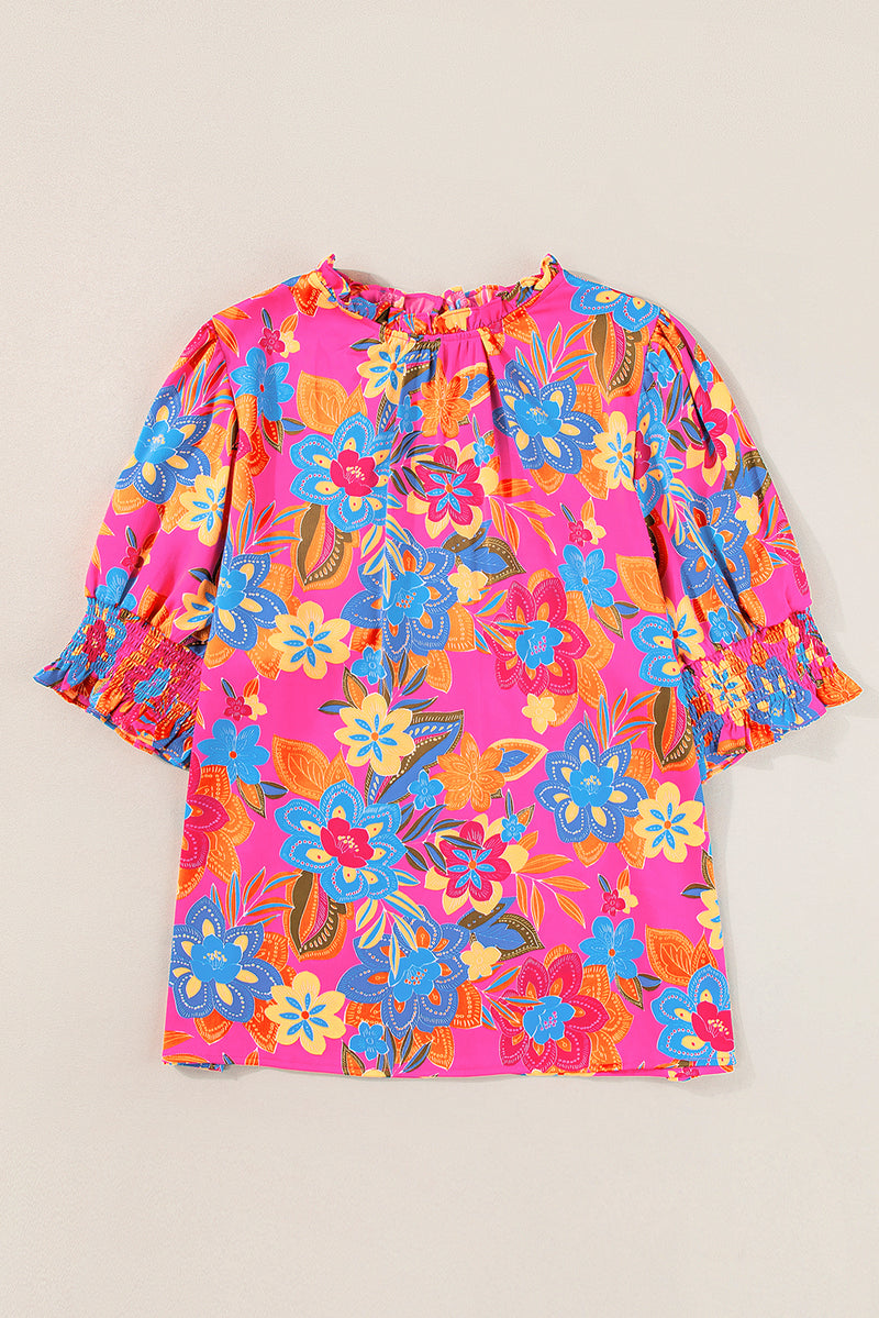 Rose Plus Size Floral Print Frill Neck Smocked Puff Sleeve Blouse