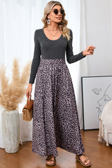 Black and Leopard Print Long Sleeve Boho Maxi Dress