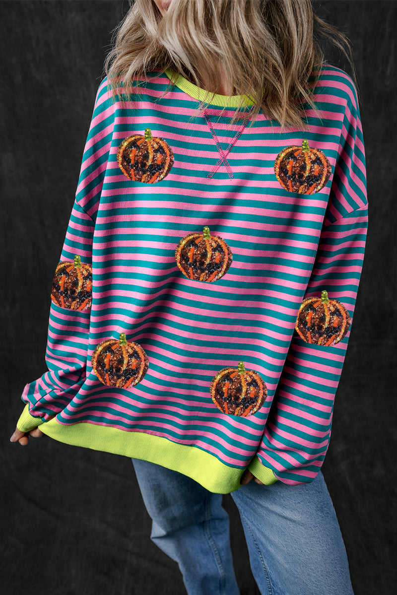 Blue Stripe Funny Halloween Pumpkin Face Oversize Graphic Sweatshirt