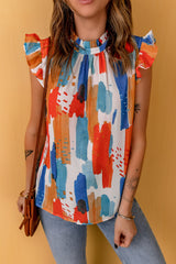 Multicolor Abstract Print Ruffled Sleeveless Blouse for Women