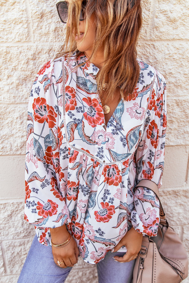 Floral Print Split V Neck Puff Sleeve Tunic Top