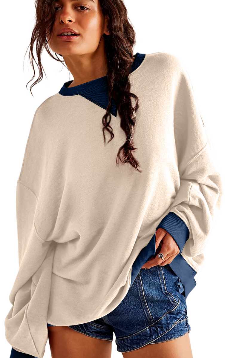 White Color Block Drop Shoulder Crewneck Oversized Sweatshirt